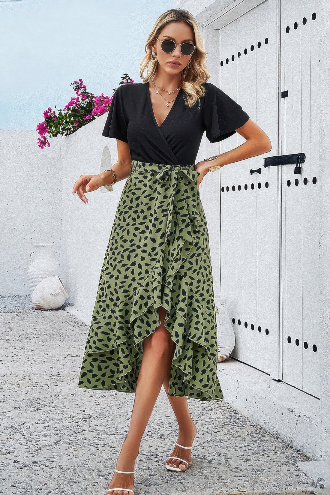 Cross Color Block Lace V Neck Belt Print Dress