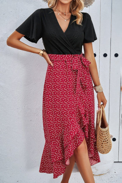 Cross Color Block Lace V Neck Belt Print Dress