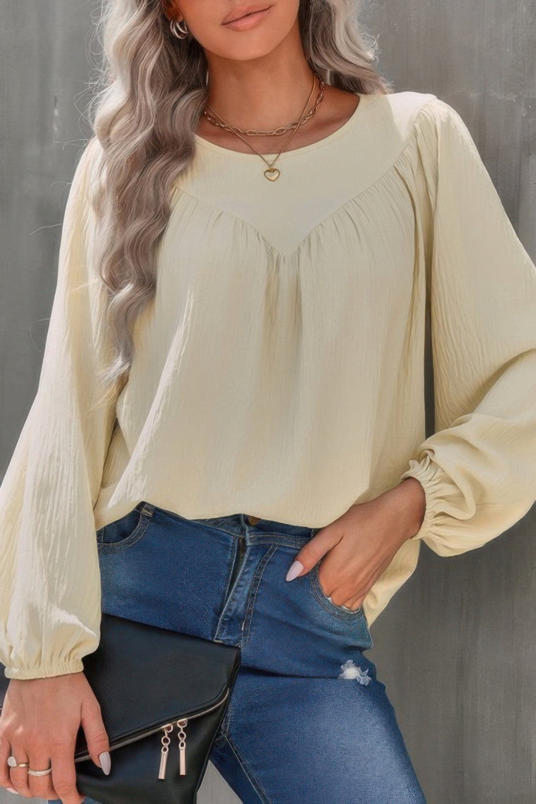Crew Neck Solid Long Lantern Sleeve Shirt