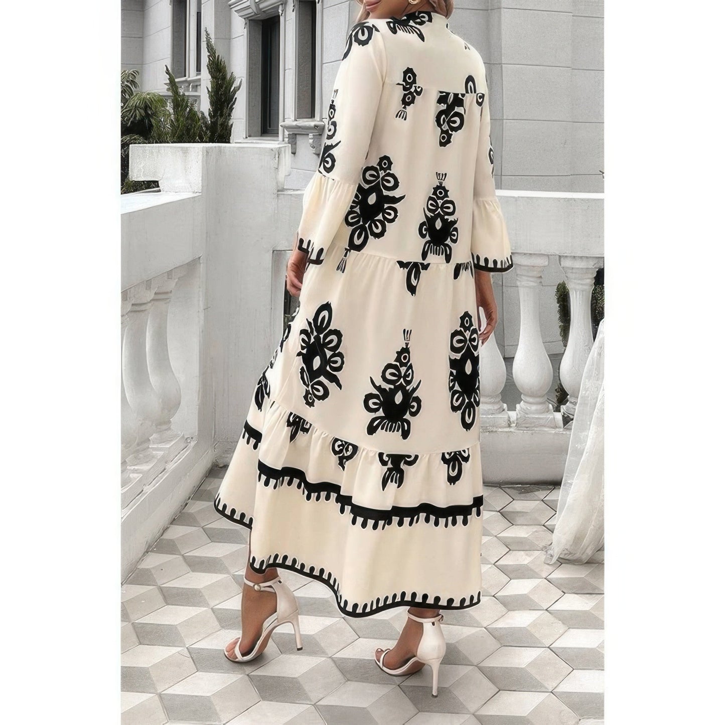 V Neck Stand Collar Button Floral Splicing Dress