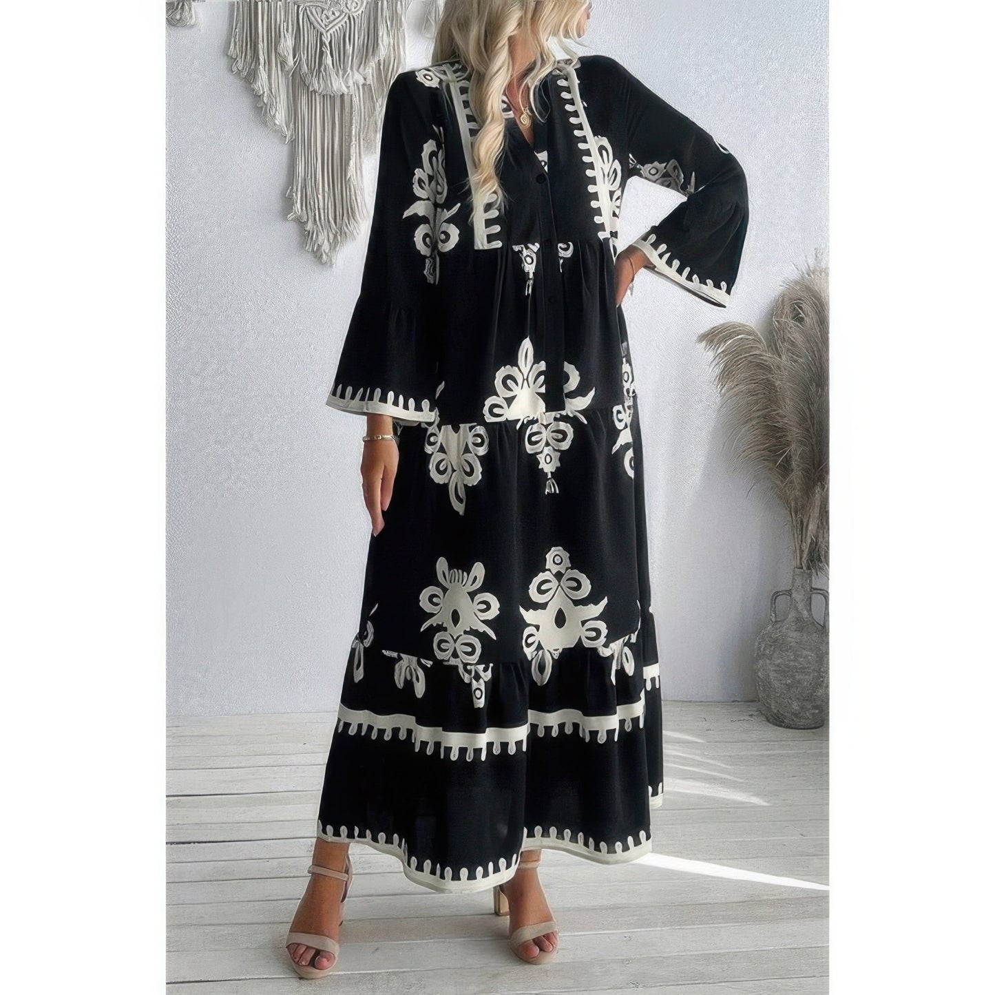 V Neck Stand Collar Button Floral Splicing Dress