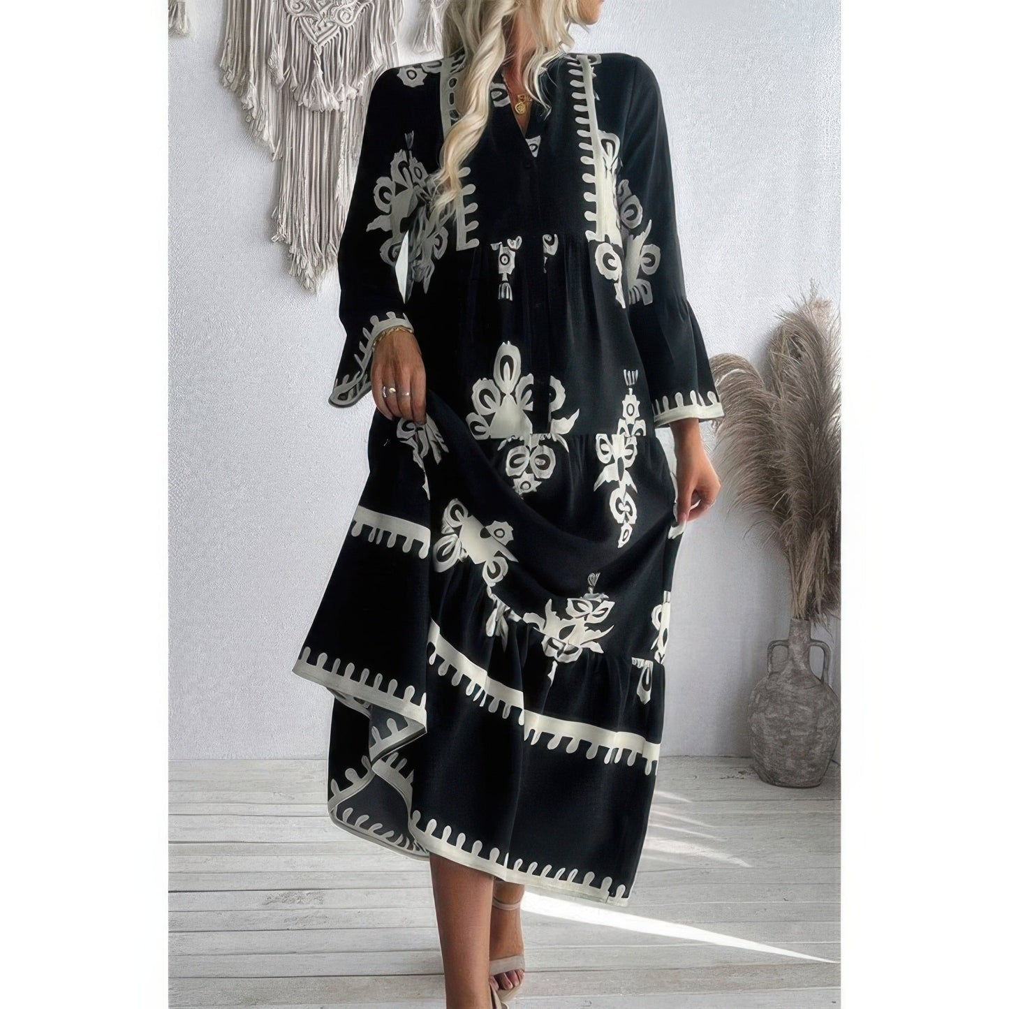 V Neck Stand Collar Button Floral Splicing Dress