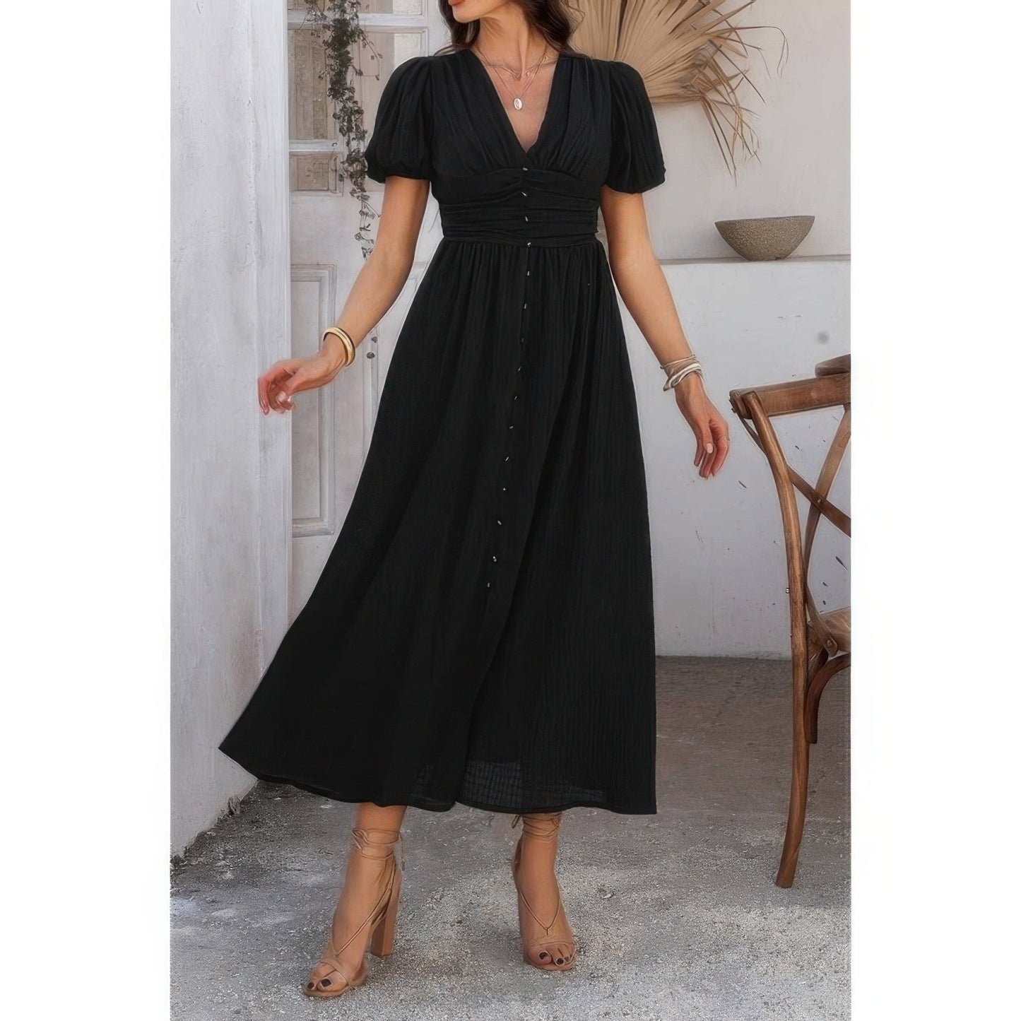 Solid V Neck Puff Sleeves Solid Knot Detail Dress