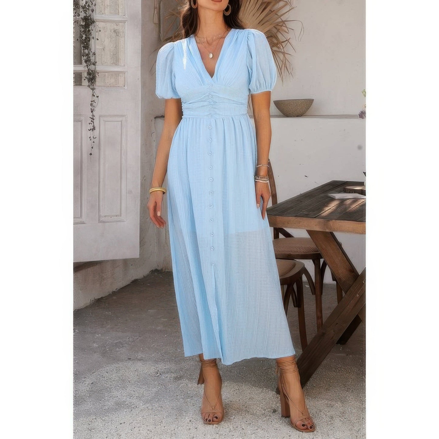 Solid V Neck Puff Sleeves Solid Knot Detail Dress