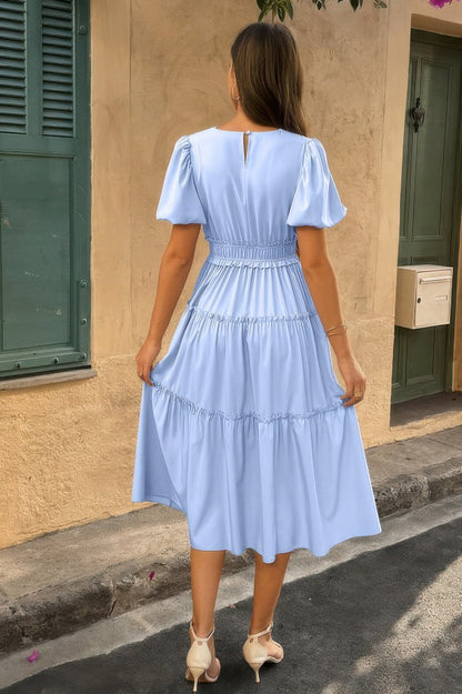 Solid Color Block Puff Sleeve Elastic Waist Dress