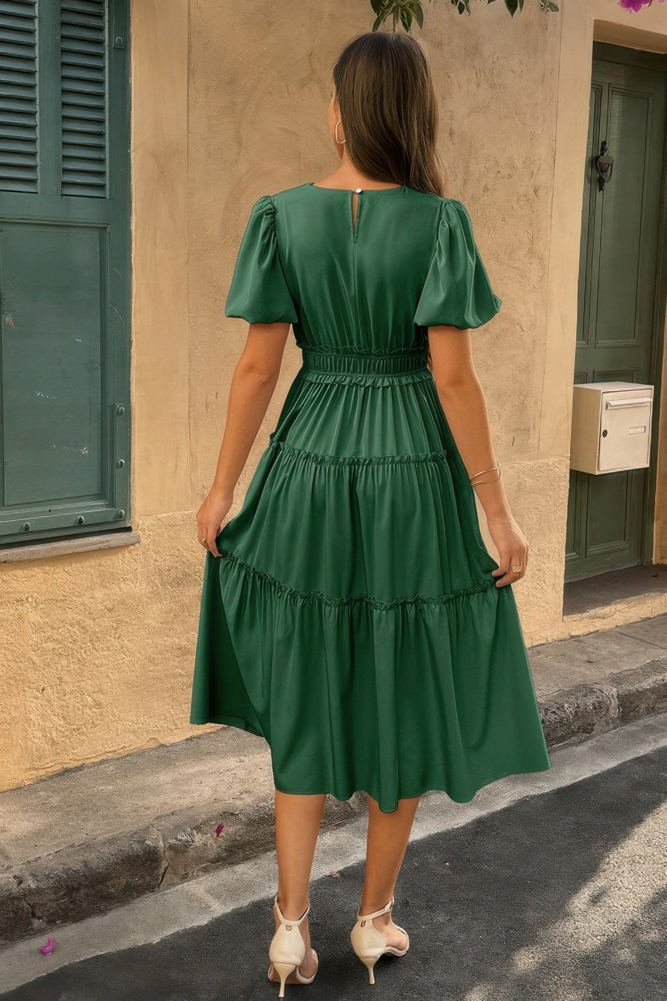 Solid Color Block Puff Sleeve Elastic Waist Dress
