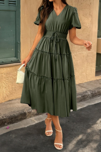 Solid Color Block Puff Sleeve Elastic Waist Dress