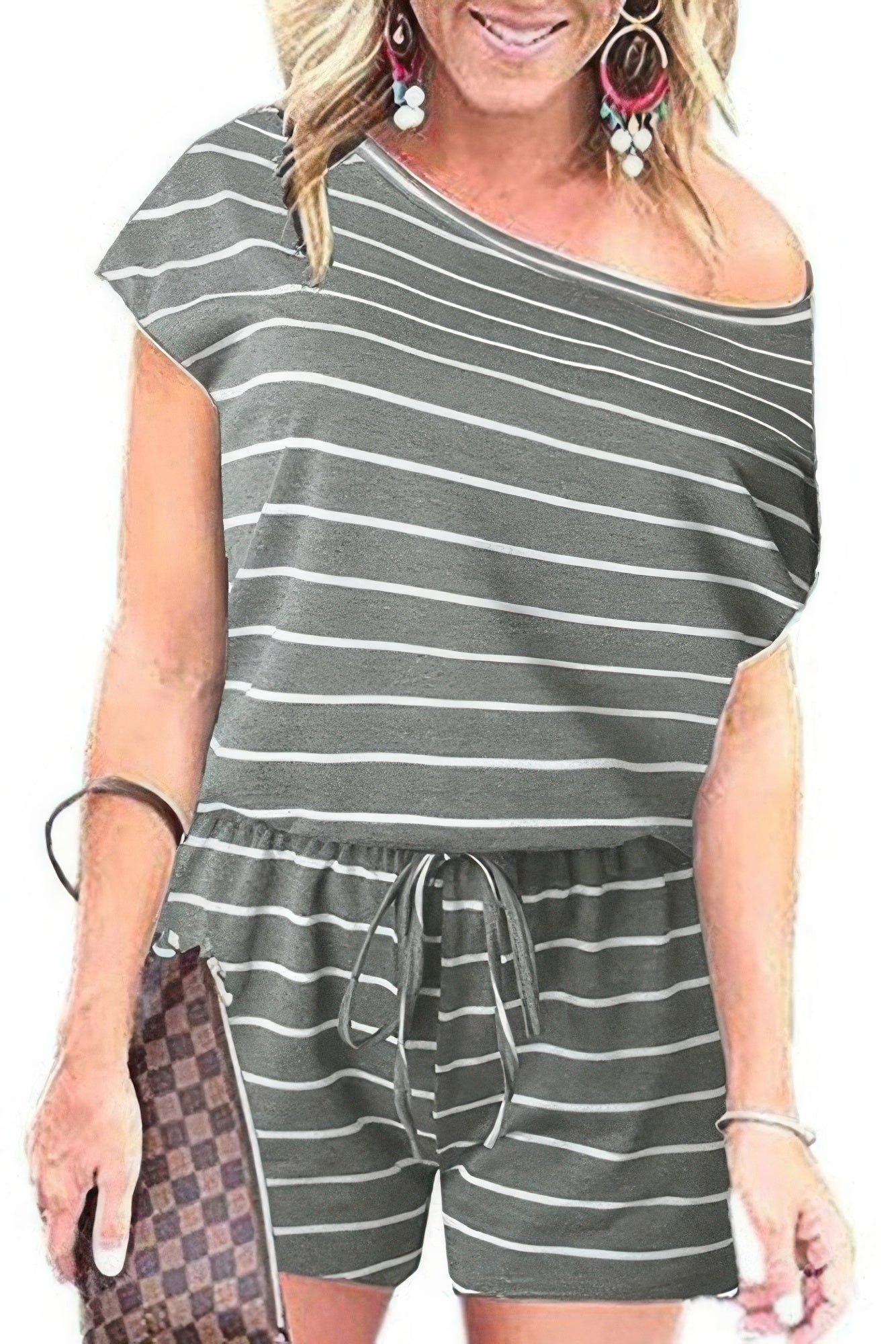Striped Short Sleeve Drawstring Waist Romper