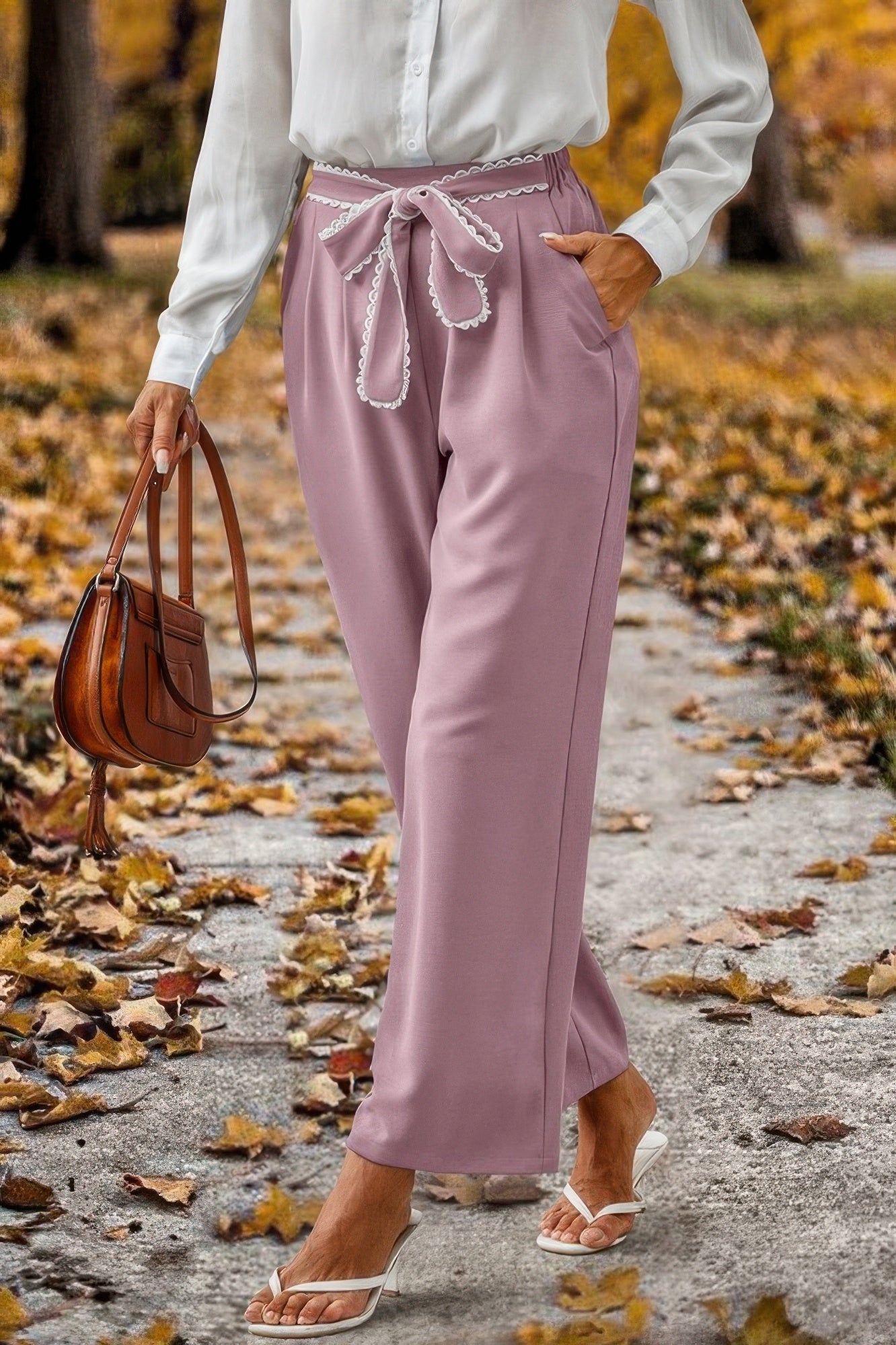 Straight Leg Elastic High Waist Lace Tie Trim Pant