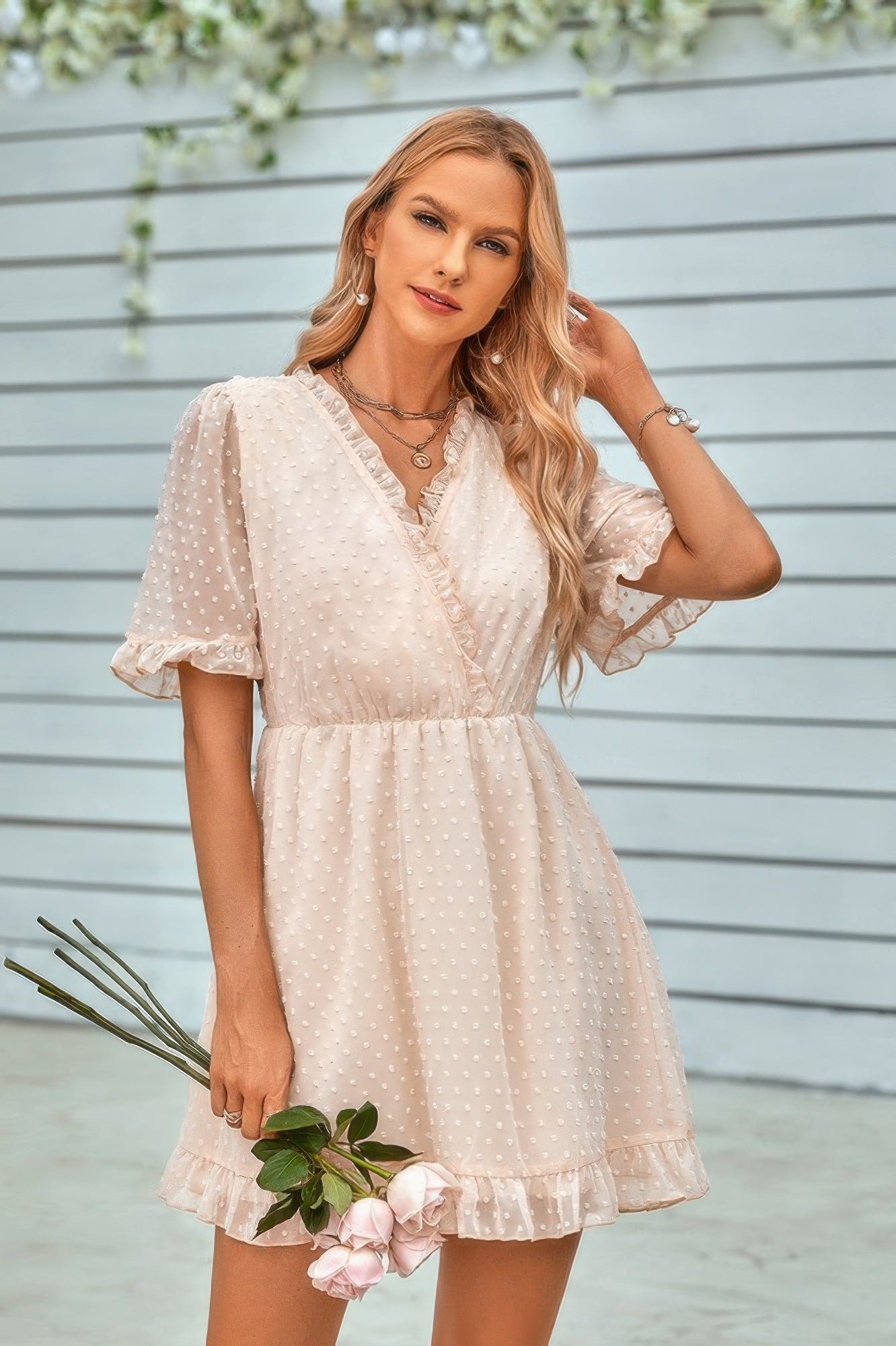 Solid Ruffle Hem Swiss Dot Short Sleeve Midi Dress