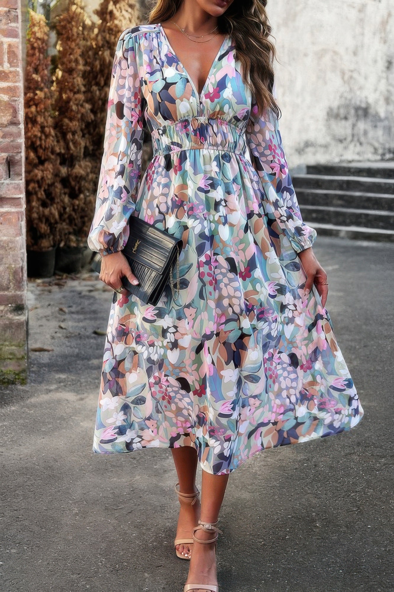 Boho V Neck A Line High Waist Long Sleeve Dress