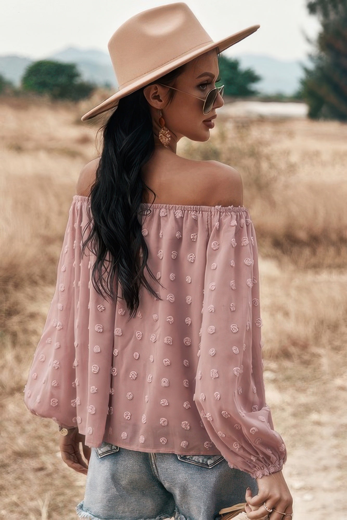 Off Shoulder Swiss Dot Long Sleeve Loose Top