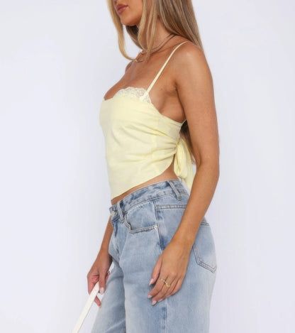 Solid Back Knot Lace Trim Sleeveless Shirt