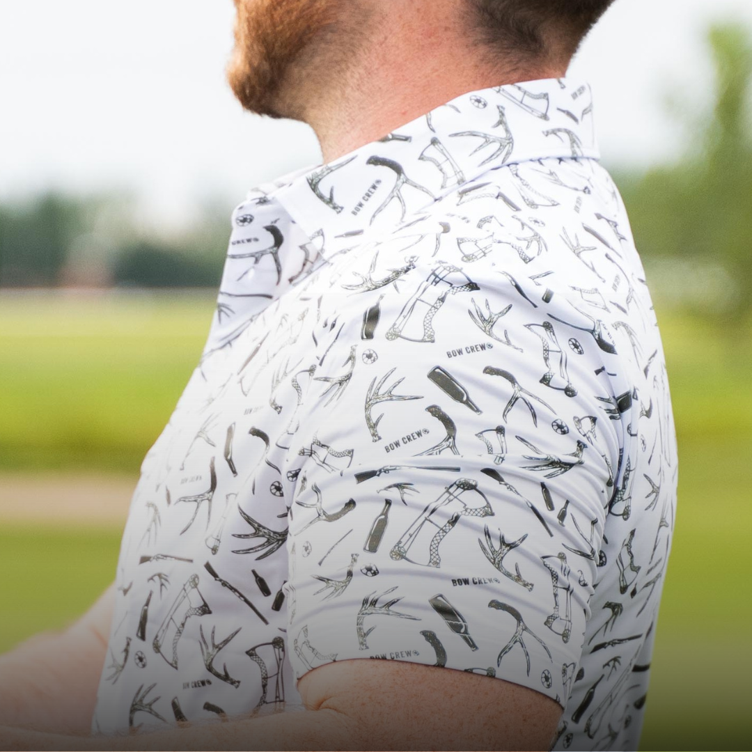 Bucks & Bogeys Golf Polo with unique print and comfortable fit, perfect for style and performance on the golf course.