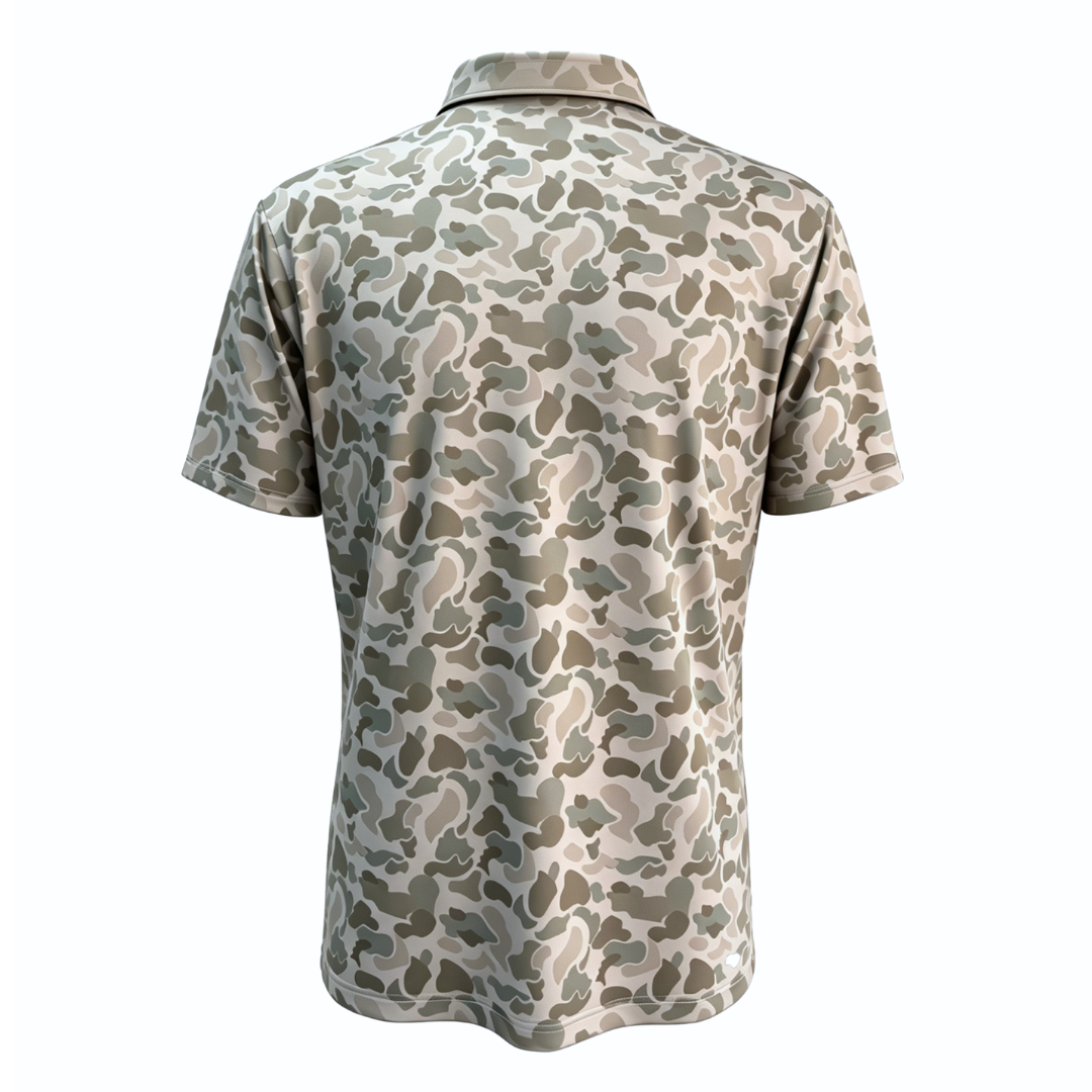 Back 9 Camo Golf Polo back view showcasing camouflage design and lightweight fabric.