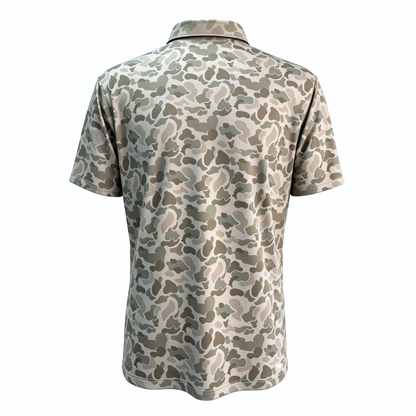 Back 9 Camo Golf Polo back view showcasing camouflage design and lightweight fabric.