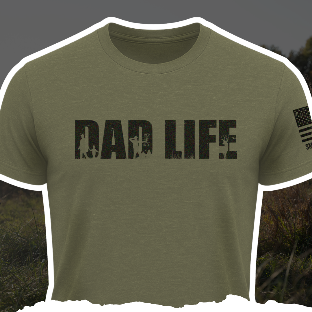 Dad Life T-Shirt with a bold graphic design, perfect for outdoorsy fathers, featuring a sleeve print.