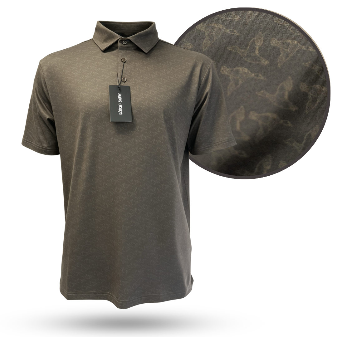 Mallards Golf Polo showcasing a stylish, comfortable performance golf shirt with a unique pattern and tag.
