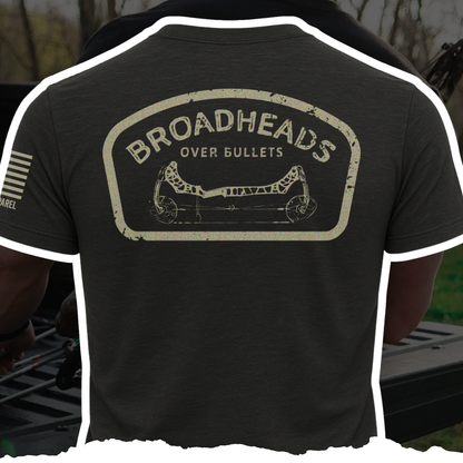Broadheads Over Bullets Tee Black hunting graphic t-shirt front view