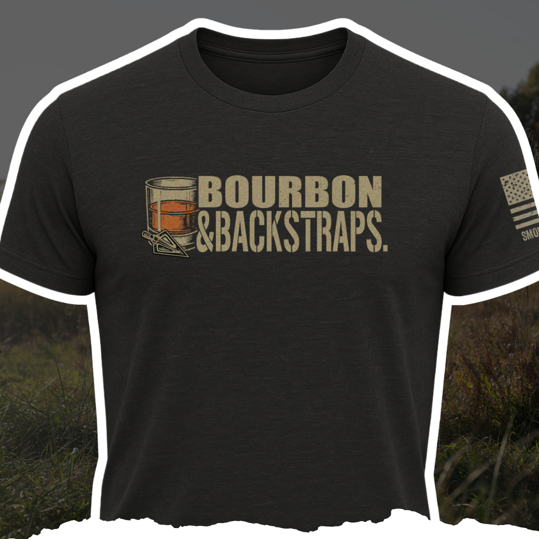 Bourbon &amp; Backstraps Tee showcasing a graphic design on a black premium t-shirt, perfect for outdoor wear.