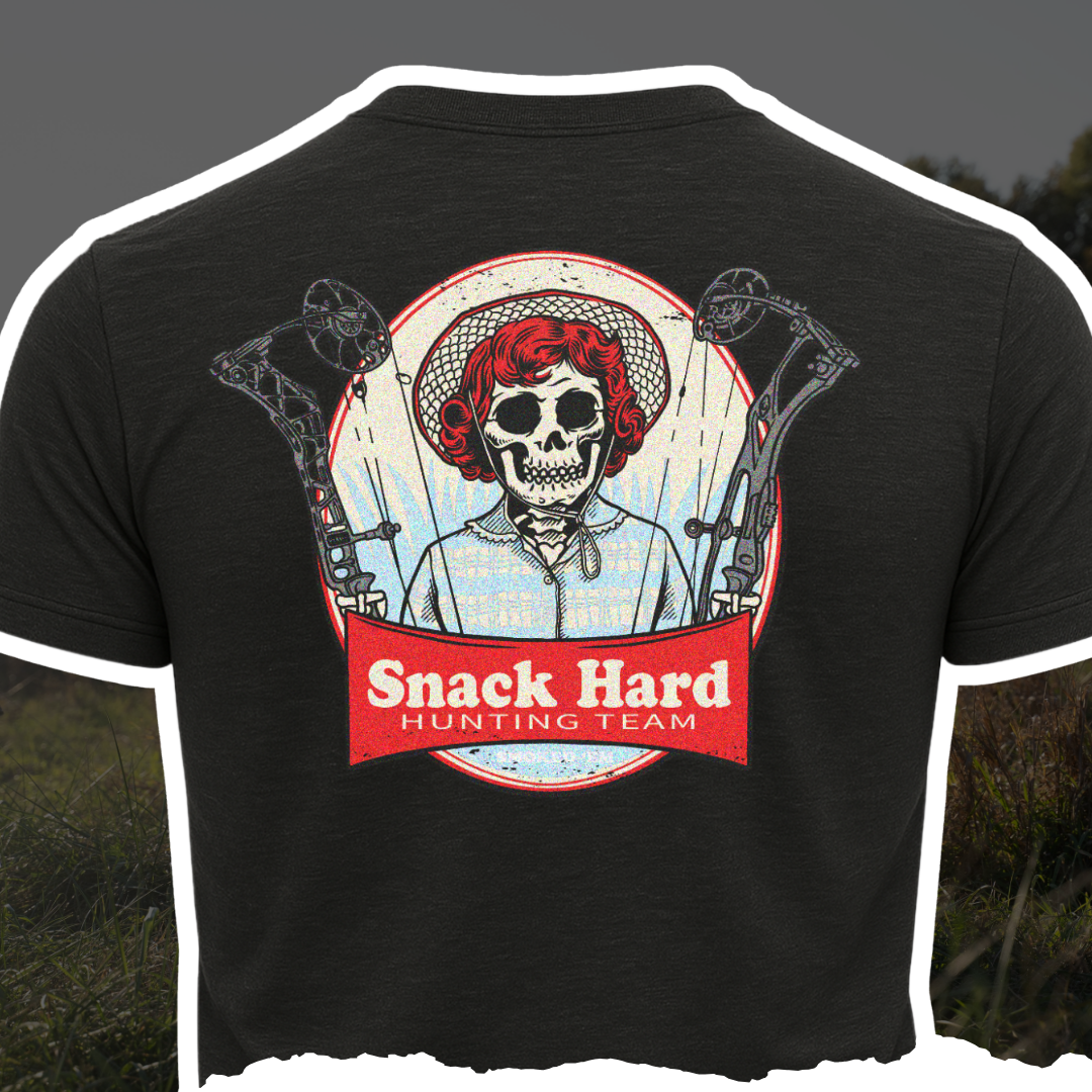Back view of the Snack Hard Hunting Team Tee featuring a skull graphic and bow hunting design.