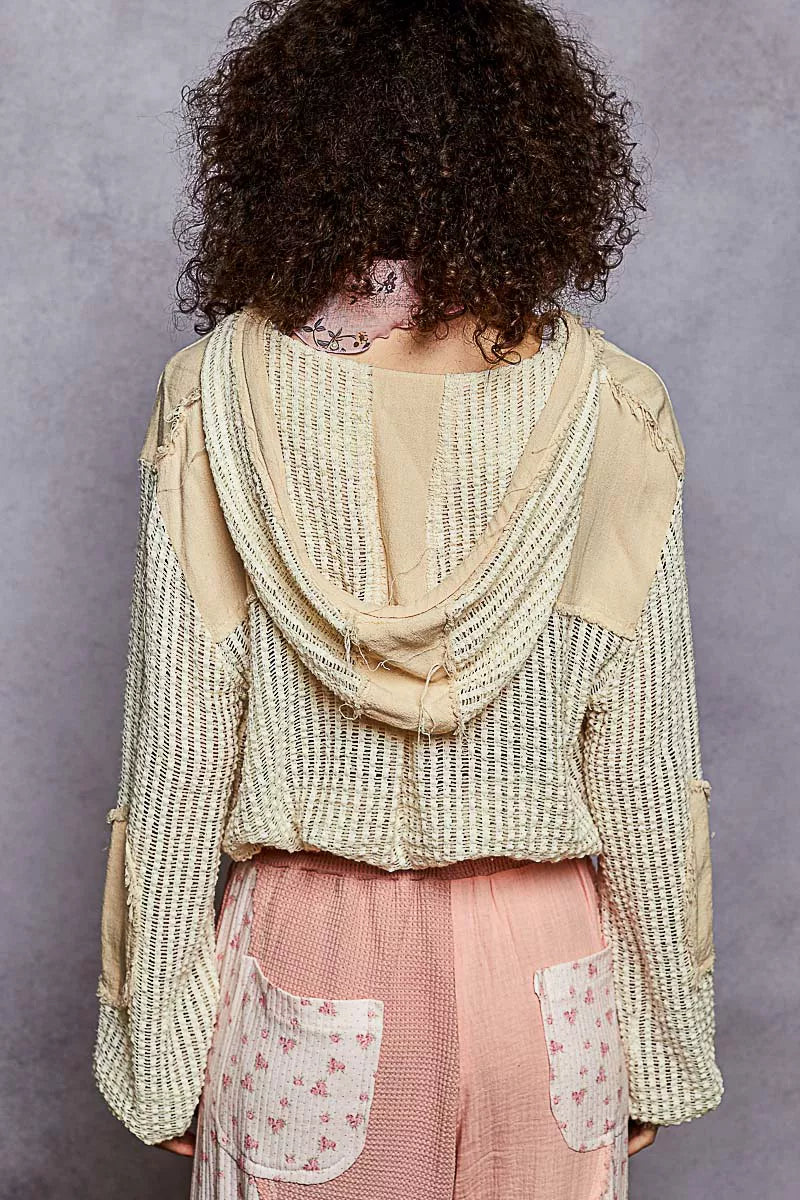 Texture Woven Button Down Hooded Shirt with Drawstring Hem