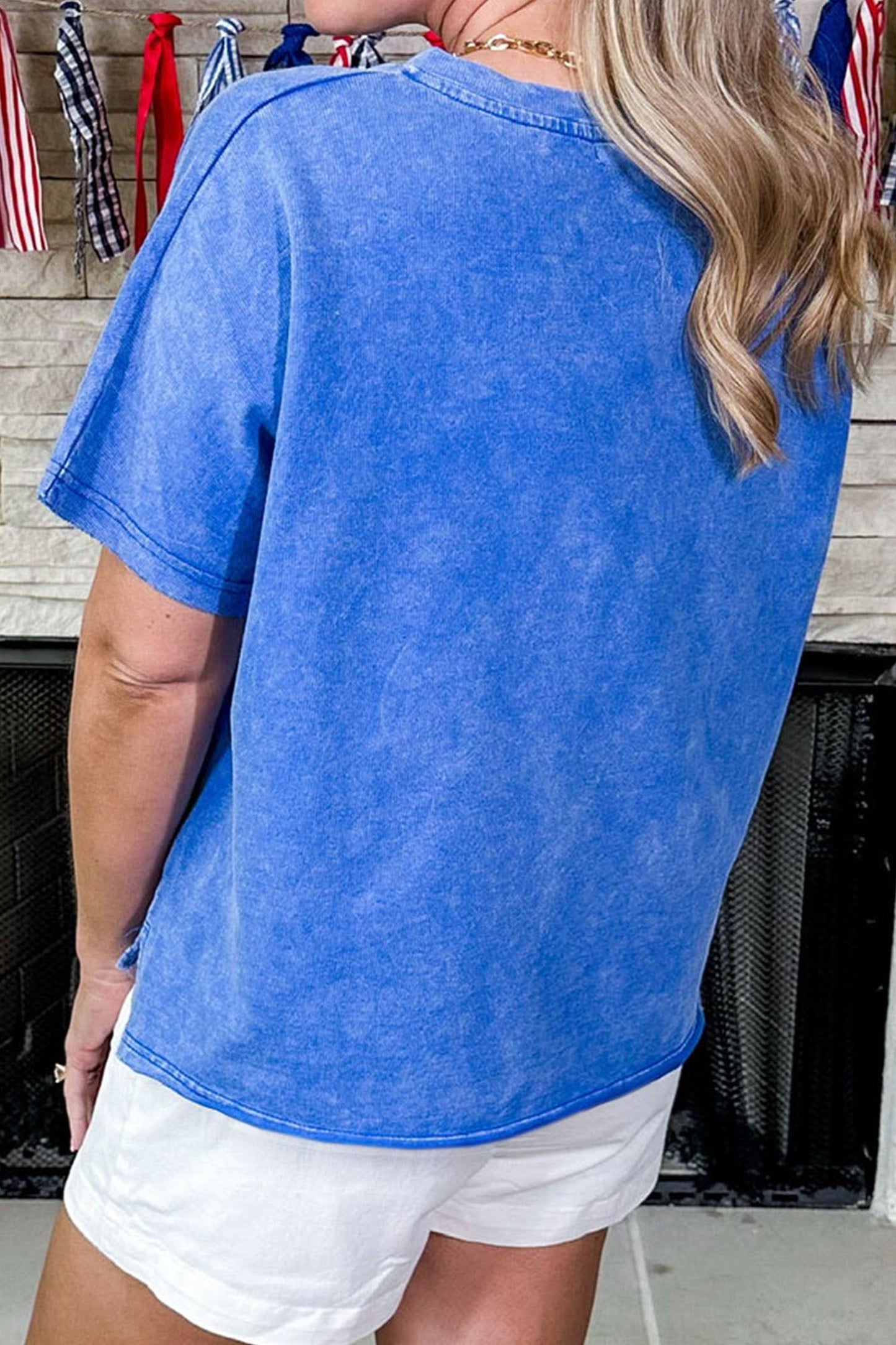 Sky Blue Patriot Star Patched Notched Neck Mineral Washed Tee - Loving It Shop