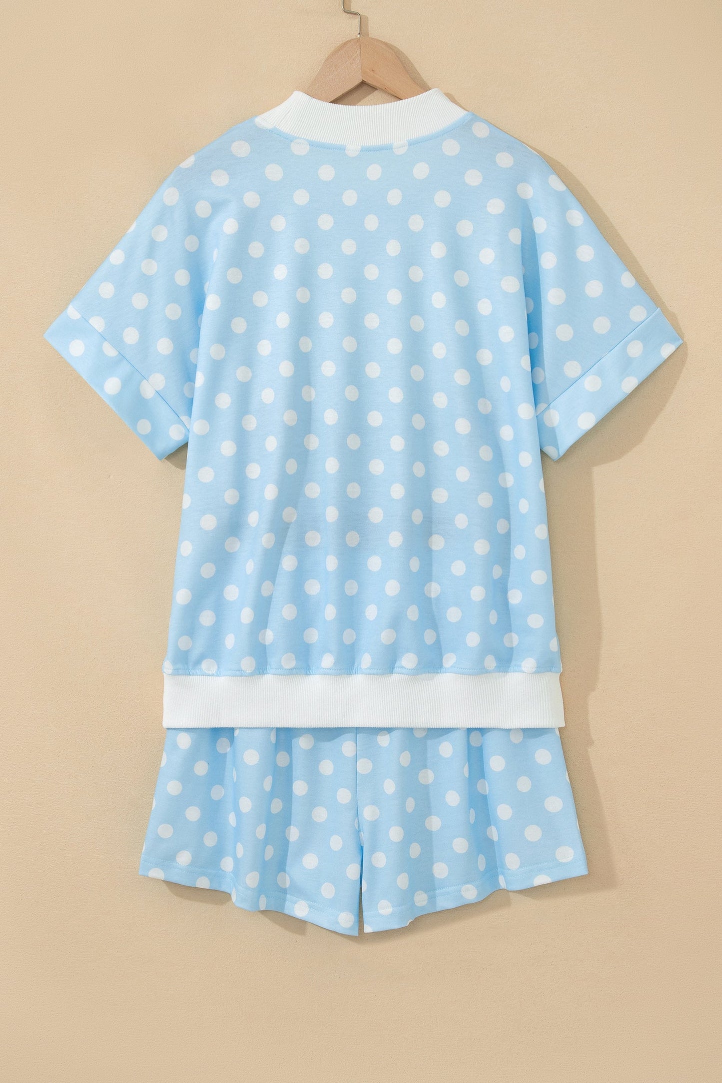 Sky Blue Polka Dot Print Color Block Trim Mock Neck Short Set
