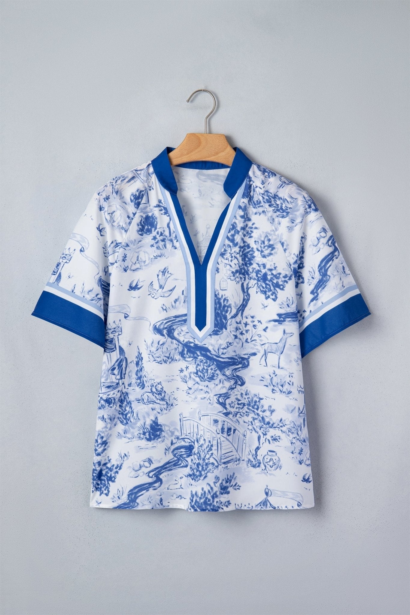 Blue Wild Animal Paradise Contrast V Neck Raglan Sleeve Blouse - Loving It Shop