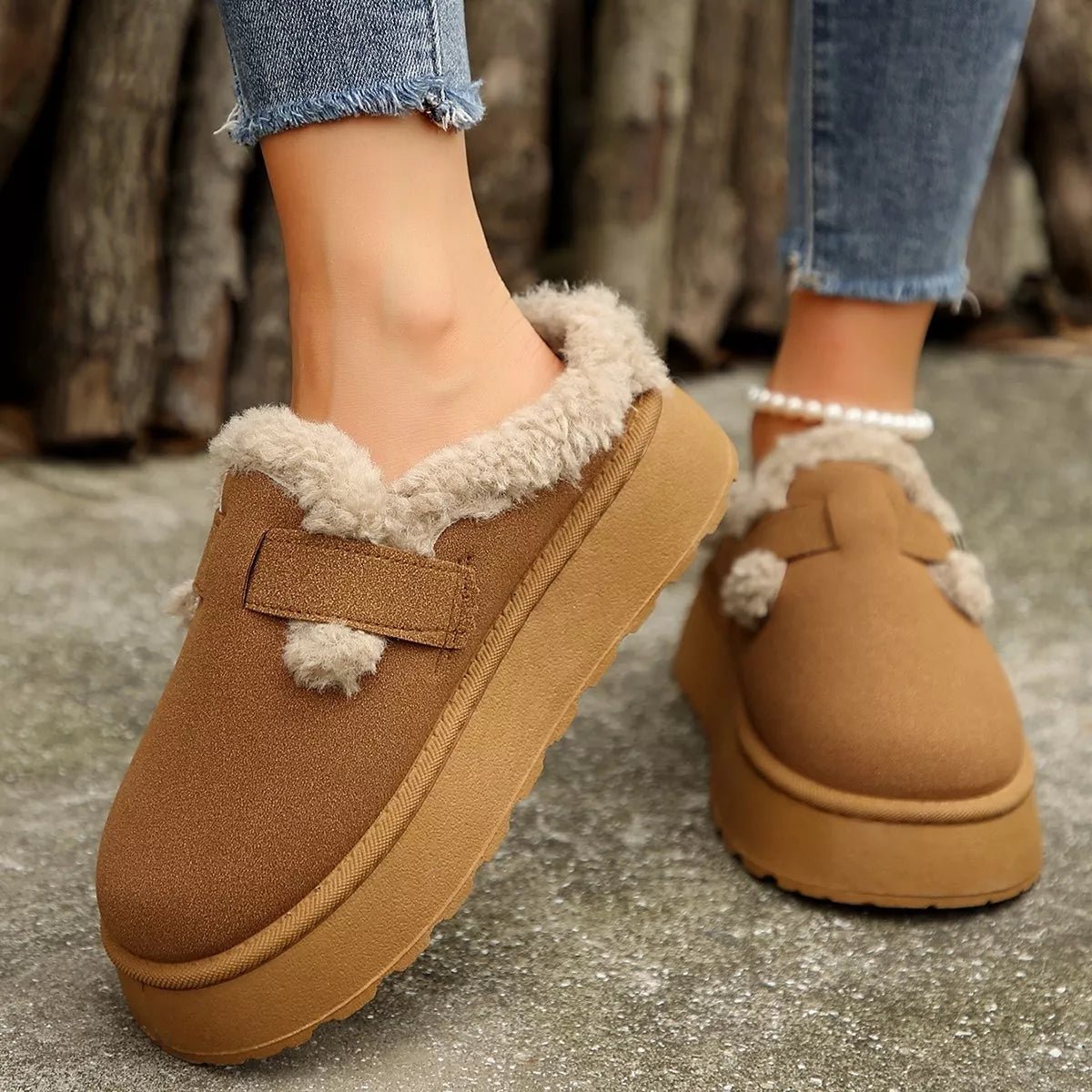 Fuzzy Trim Buckle Platform Slippers - Loving It Shop