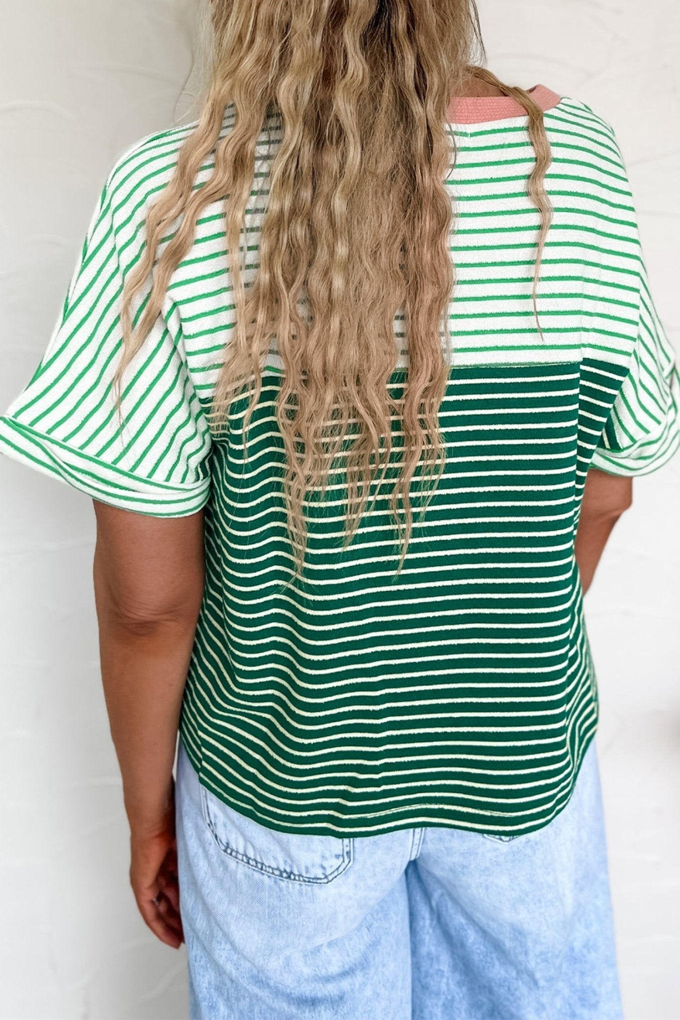 Green Stripe Contrast Print Color Block Detail Relaxed Tee - Loving It Shop