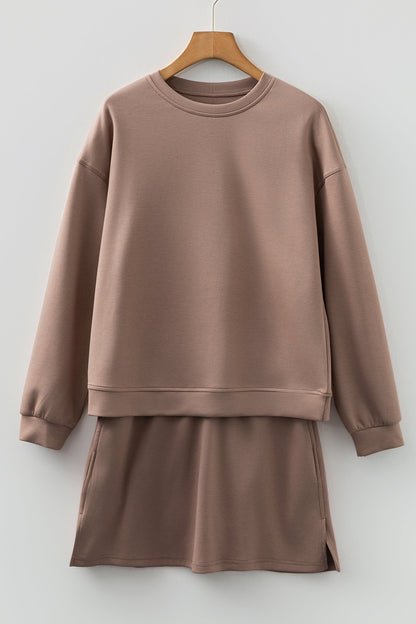 Coffee Solid Color Drop Shoulder Pullover Drawstring Mini Skirt 2pcs Outfit