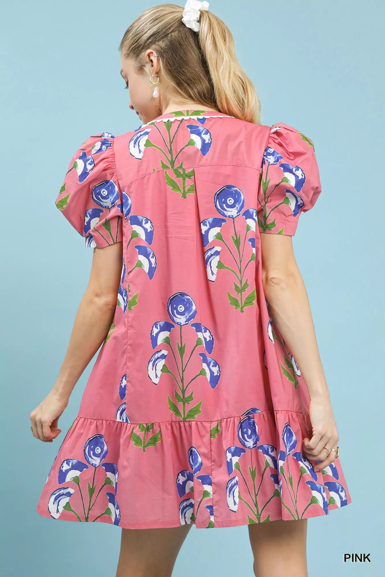 Floral Print Puff Sleeve Mini Dress with Scallop Trim