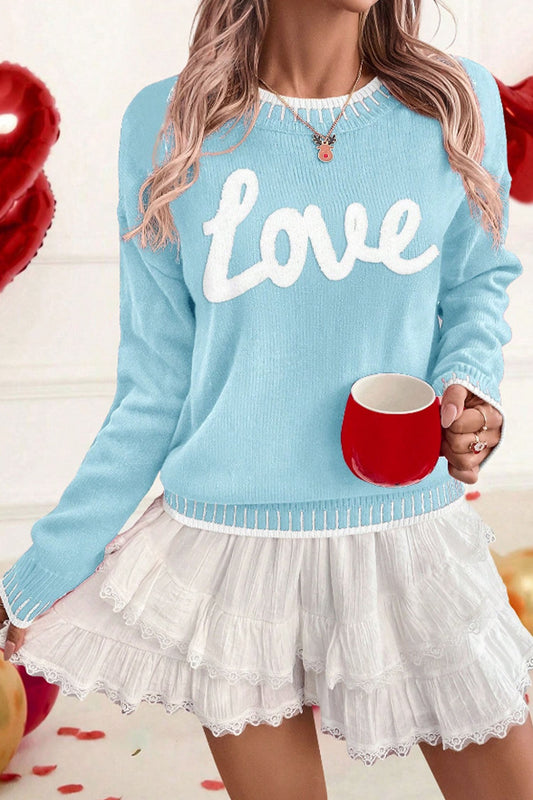Light Blue Valentine Love Chenille Letter Graphic Sweater - Loving It Shop