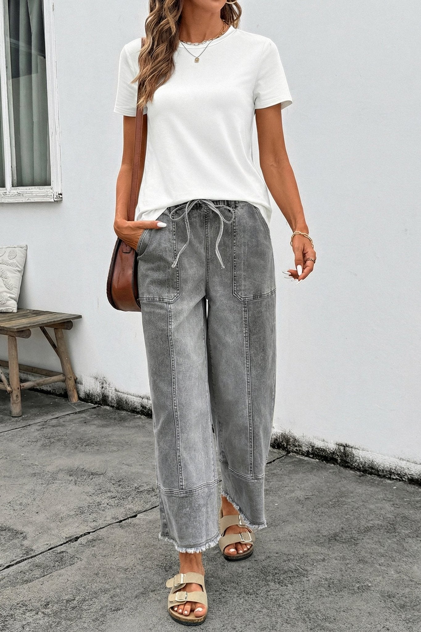 Gray Drawstring Seam Detail Raw Hem Wide Leg Denim Pants - Loving It Shop