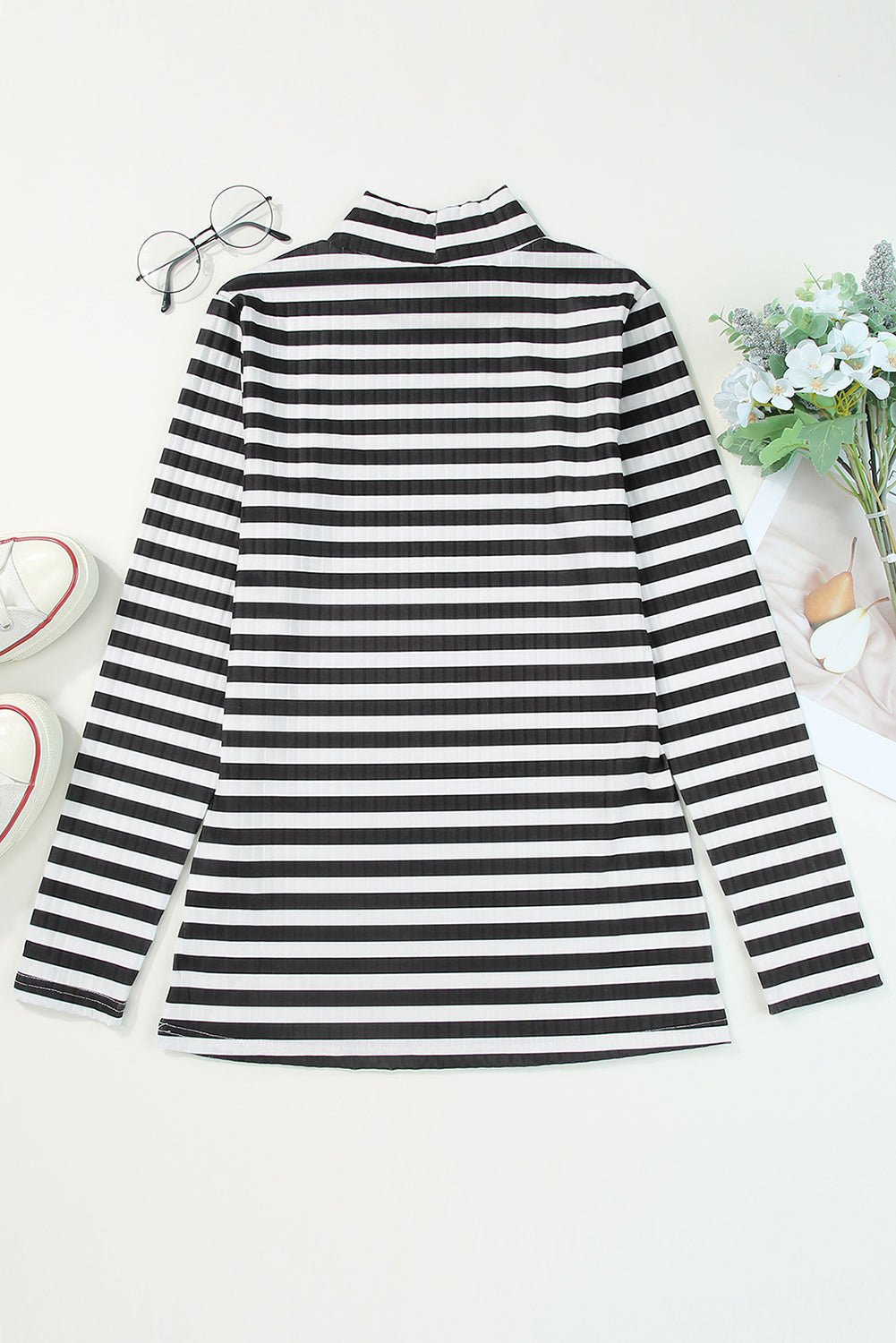 Black Striped Print Textured Knit Long Sleeve Tee - Loving It Shop