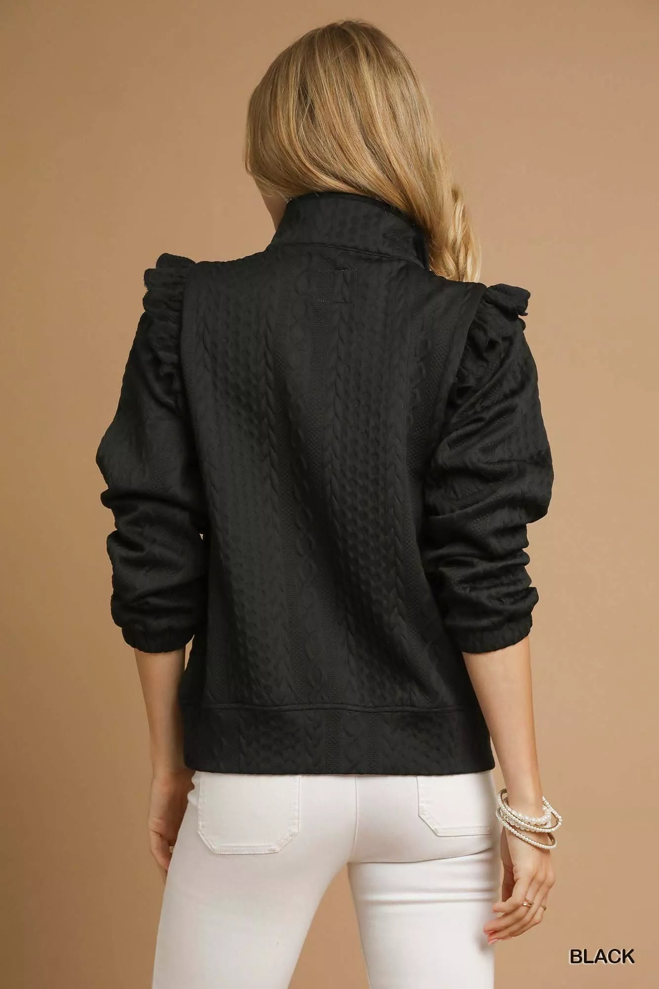 Cable Knit Textured Pullover with Ruffle Shoulders