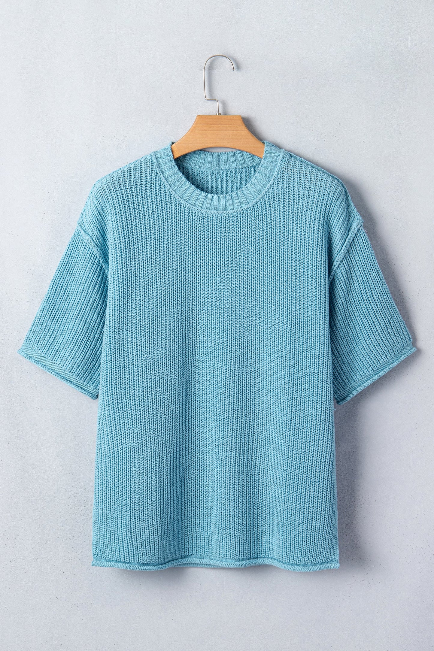 Mist Blue Exposed Seam Detail Half Sleeve Loose Sweater
