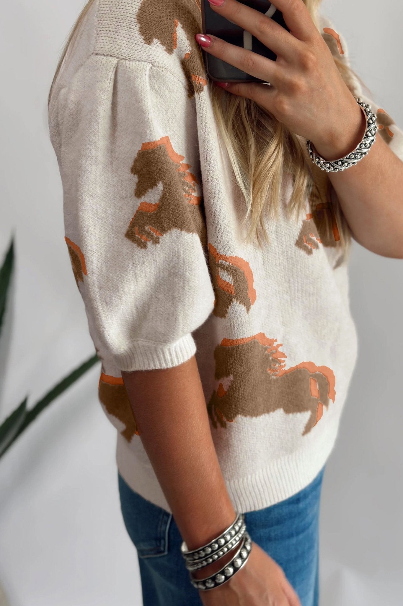 White Western Horse Printed Short Puff Sleeve Sweater - Loving It Shop