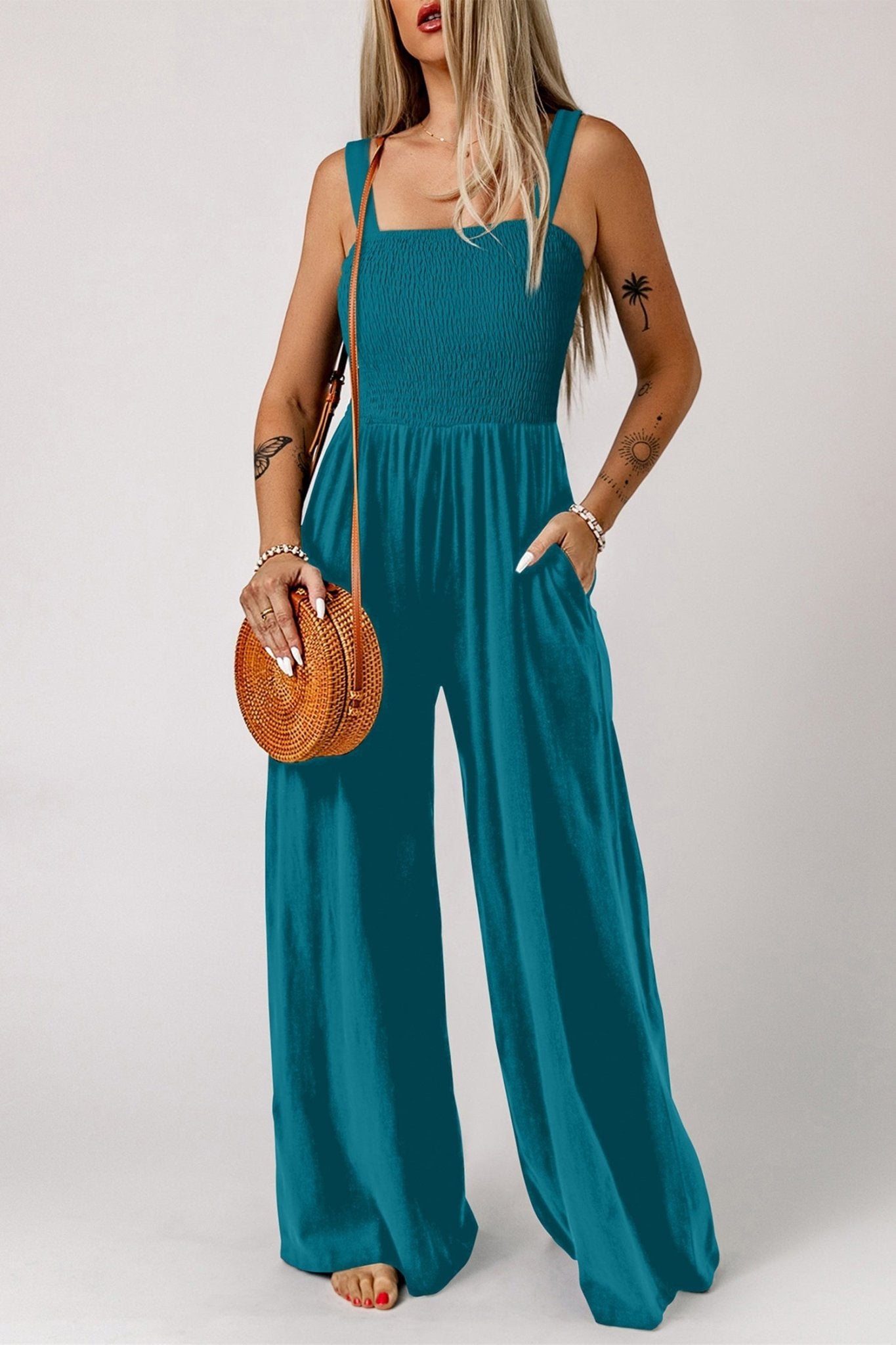 Peacock Blue Smocked Square Neck Sleeveless Jumpsuit with Pockets - Loving It Shop