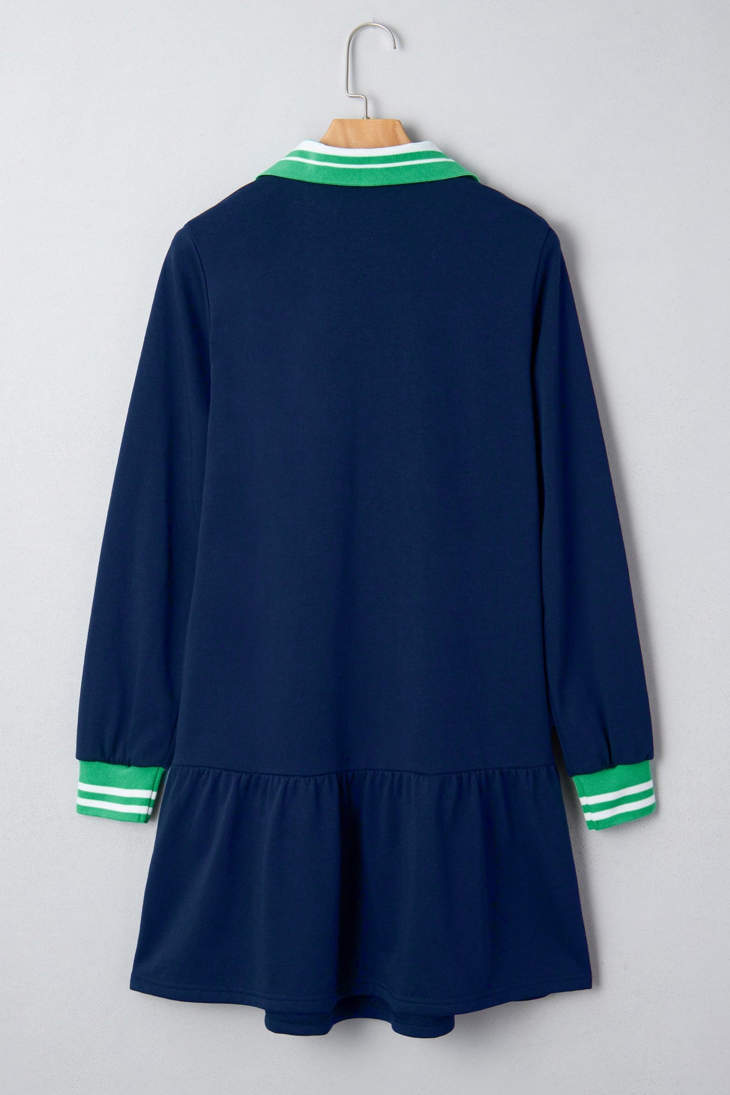 Navy Blue Contrast Striped Cuffs Polo Collar Patchwork Long Sleeve Ruffle Hem Mini Dress