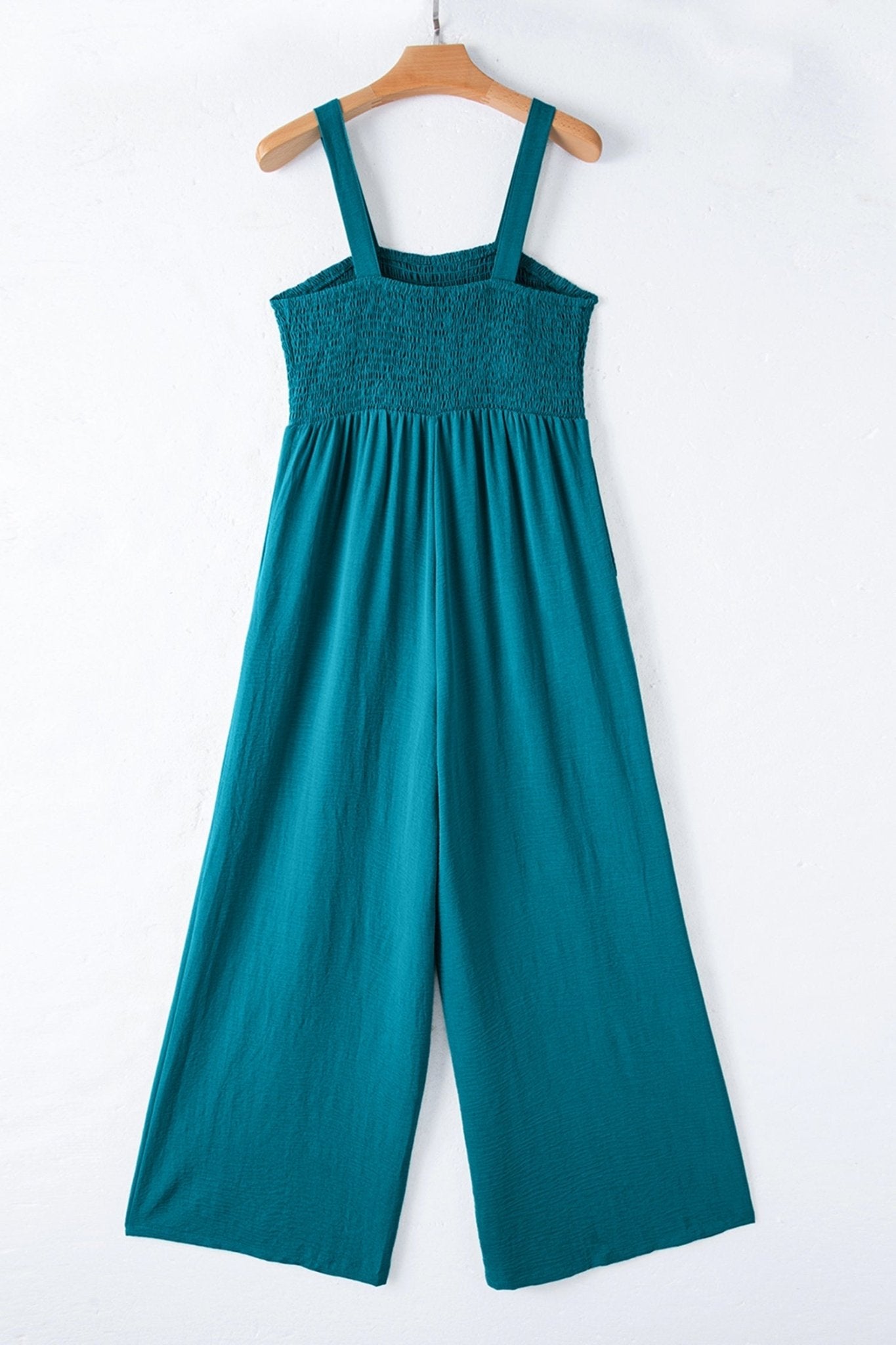 Peacock Blue Smocked Square Neck Sleeveless Jumpsuit with Pockets - Loving It Shop