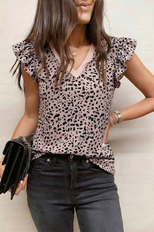 Black Cheetah Print V Neck Ruffle Trim Loose Tank Top - Loving It Shop