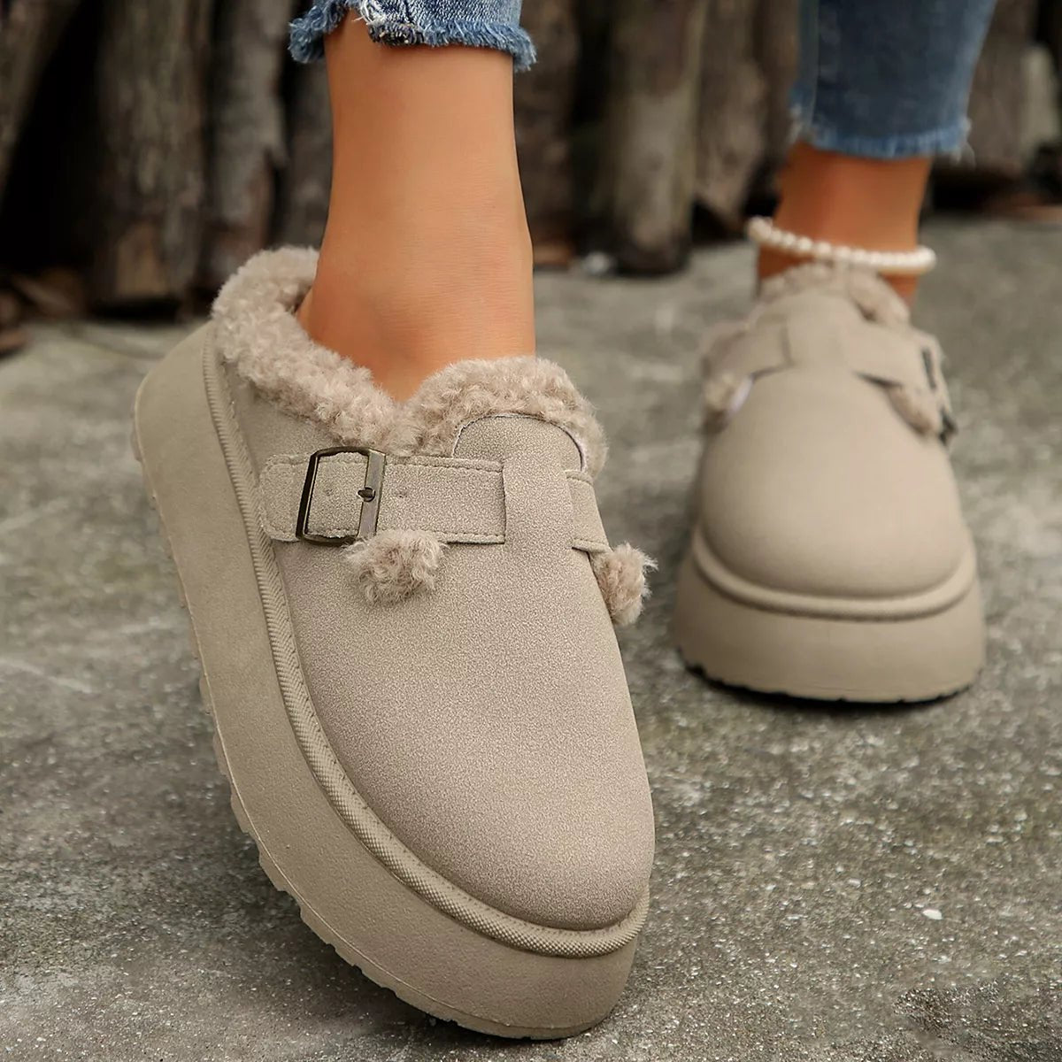 Fuzzy Trim Buckle Platform Slippers - Loving It Shop