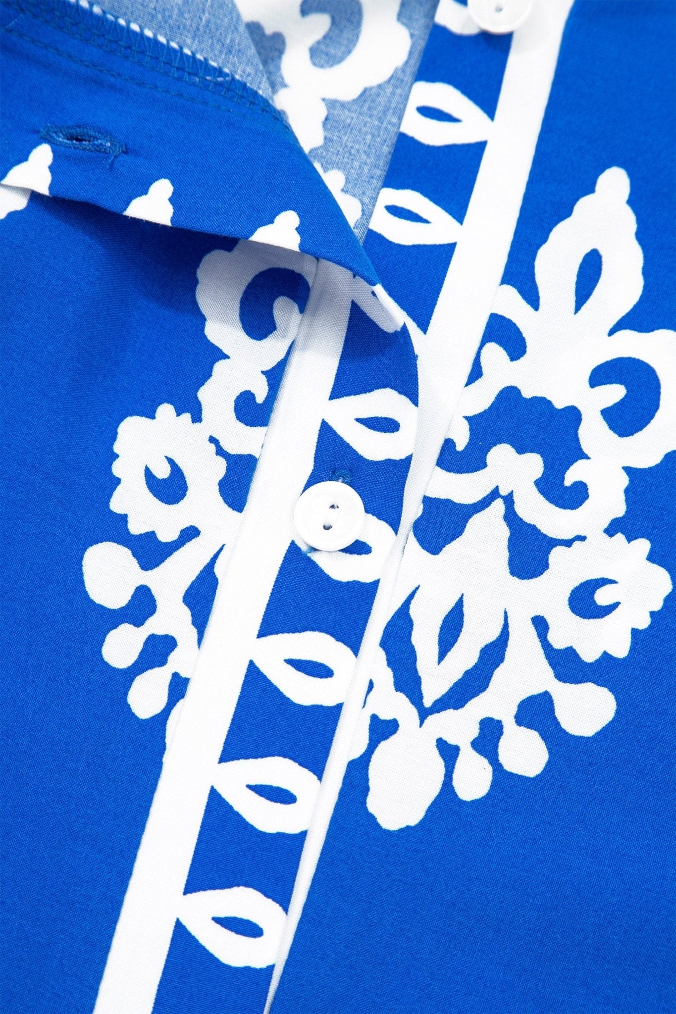 Blue Ethnic Geometric Print Collared Button Front Short Puff Sleeve Mini Dress - Loving It Shop