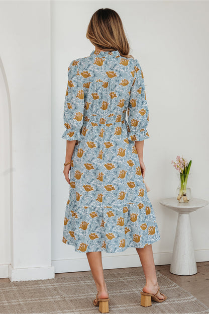 Brown Floral Printed Frilled V Neck Bracelet Sleeve Long Dress