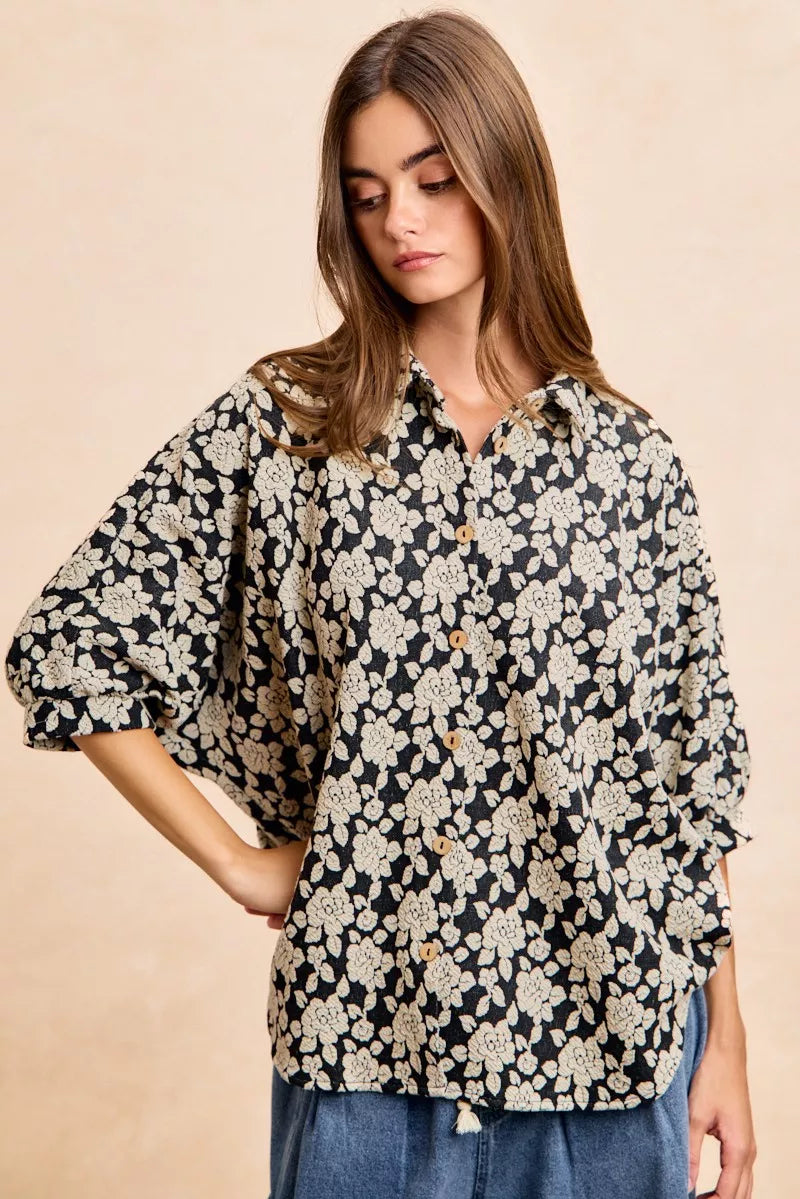 Floral Jacquard Short Dolman Sleeves Shirt