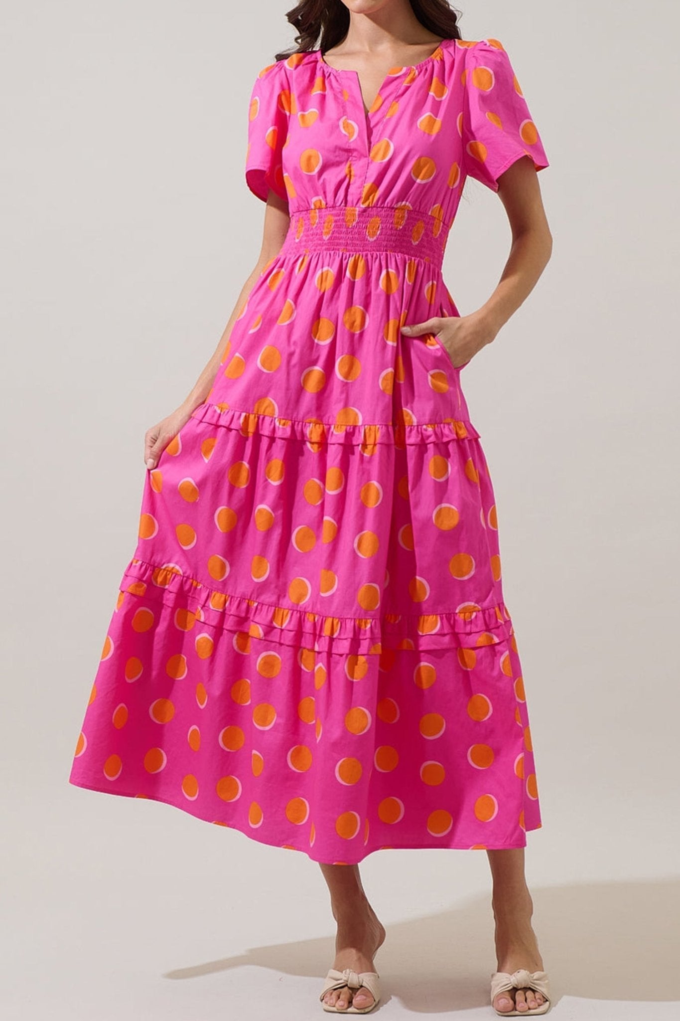 Rose Double Polka Dot Short Sleeve Shirred High Waist Midi Dress - Loving It Shop