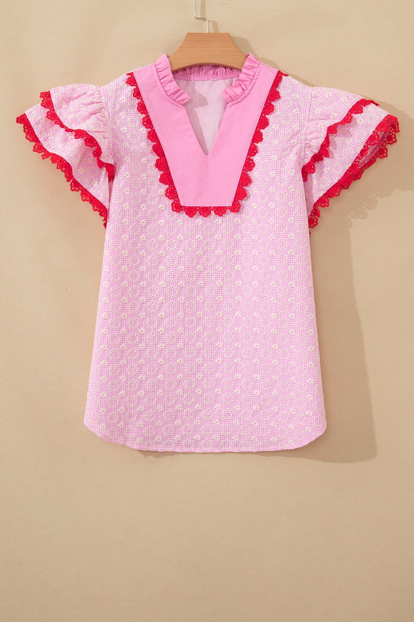 Pink Eyelet Embroidered Flower Texture Contrast Lace Trim Flutter Sleeve Blouse