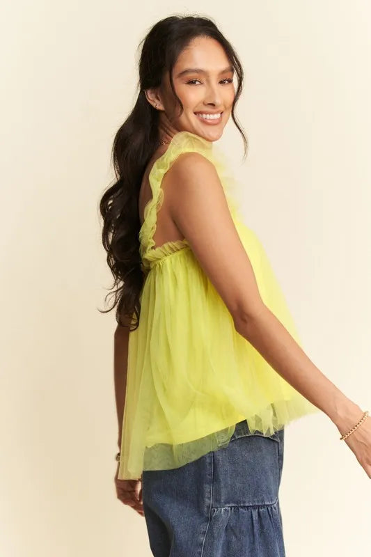 Davi &amp; Dani Shirred Ruffle Strap Tulle Babydoll Top